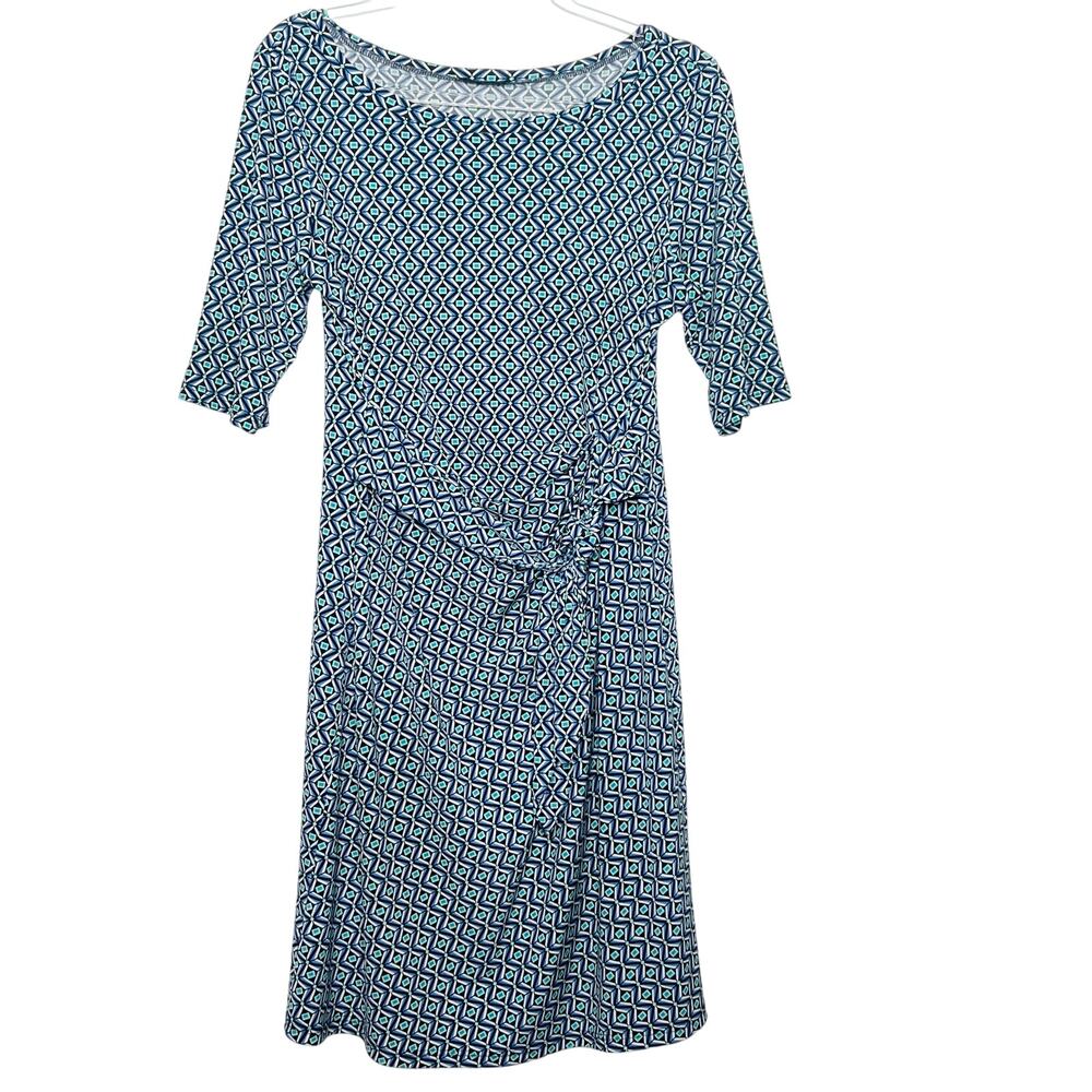 MSK Geo Print Knitted Mini Dress 3/4 Sleeve Boat Neck Blue Black Womens Size M/L - Picture 2 of 6